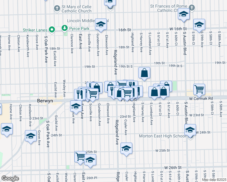 map of restaurants, bars, coffee shops, grocery stores, and more near 2125 Elmwood Avenue in Berwyn