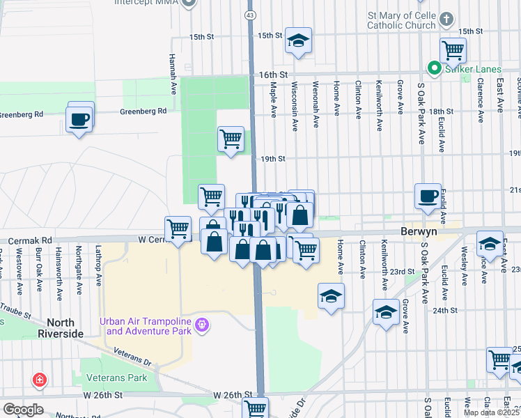 map of restaurants, bars, coffee shops, grocery stores, and more near 2100 South Harlem Avenue in North Riverside
