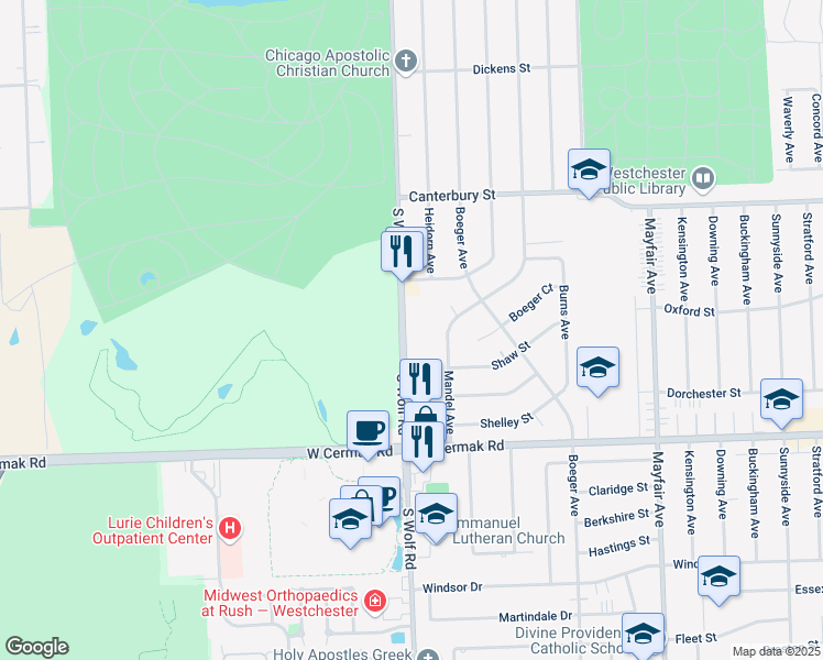 map of restaurants, bars, coffee shops, grocery stores, and more near 1903 South Wolf Road in Hillside