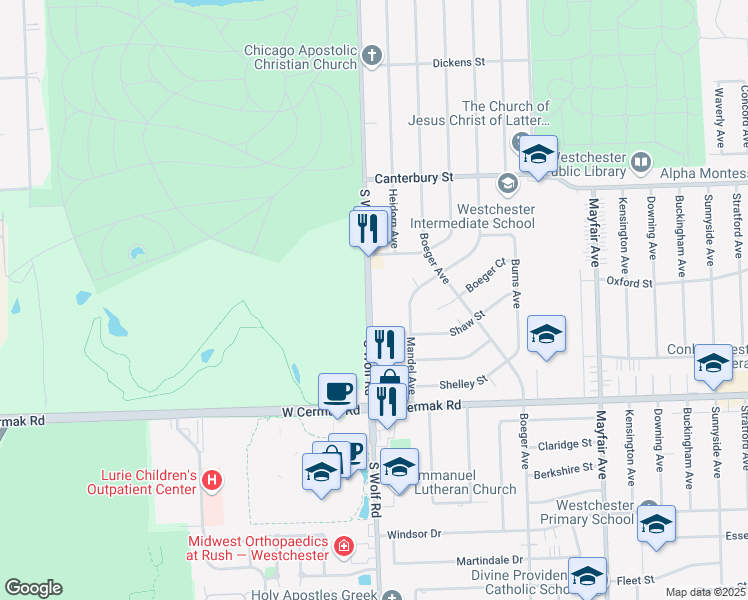 map of restaurants, bars, coffee shops, grocery stores, and more near 1903 South Wolf Road in Hillside