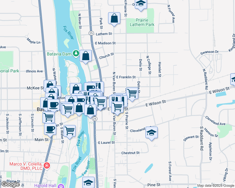 map of restaurants, bars, coffee shops, grocery stores, and more near 327 State Street in Batavia