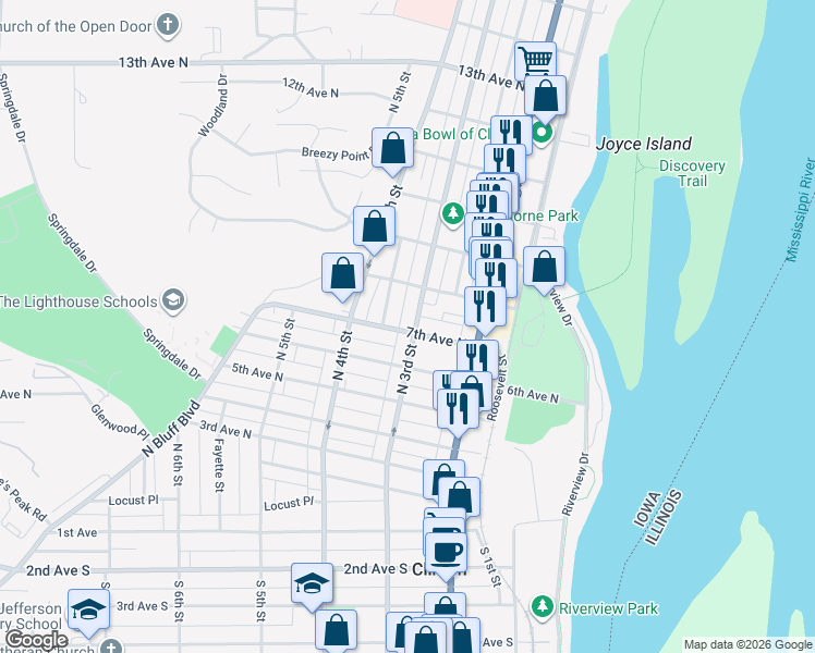 map of restaurants, bars, coffee shops, grocery stores, and more near 315 7th Avenue North in Clinton