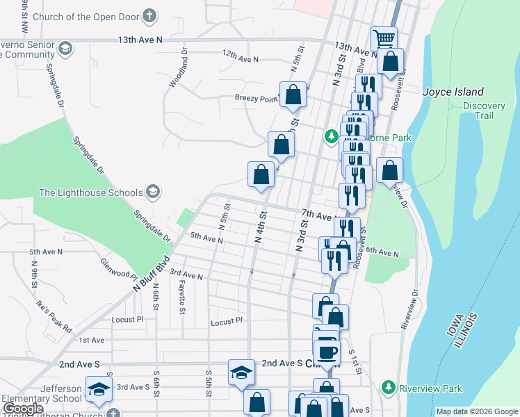 map of restaurants, bars, coffee shops, grocery stores, and more near 601-699 North 4th Street in Clinton