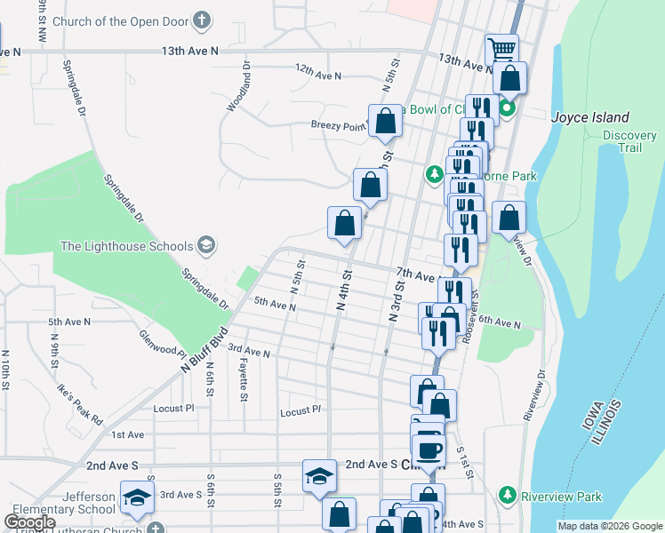 map of restaurants, bars, coffee shops, grocery stores, and more near 423 7th Avenue North in Clinton