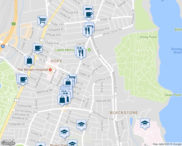 map of restaurants, bars, coffee shops, grocery stores, and more near 166 Lorimer Avenue in Providence