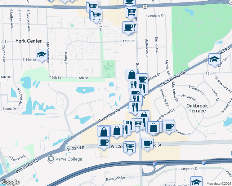 map of restaurants, bars, coffee shops, grocery stores, and more near 17W720 Butterfield Road in Oakbrook Terrace