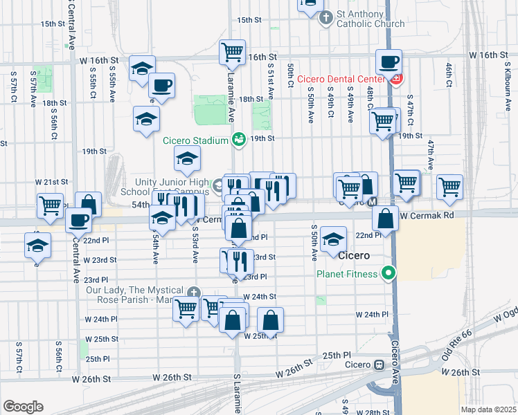map of restaurants, bars, coffee shops, grocery stores, and more near 5134 West Cermak Road in Cicero