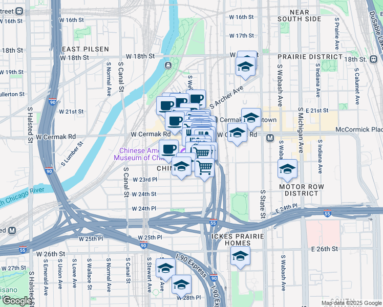 map of restaurants, bars, coffee shops, grocery stores, and more near 224 West Alexander Street in Chicago