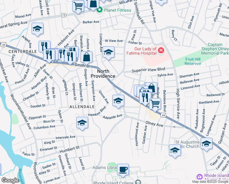map of restaurants, bars, coffee shops, grocery stores, and more near 478 Fruit Hill Avenue in North Providence
