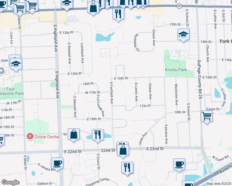 map of restaurants, bars, coffee shops, grocery stores, and more near 1701 South Fairfield Avenue in Lombard
