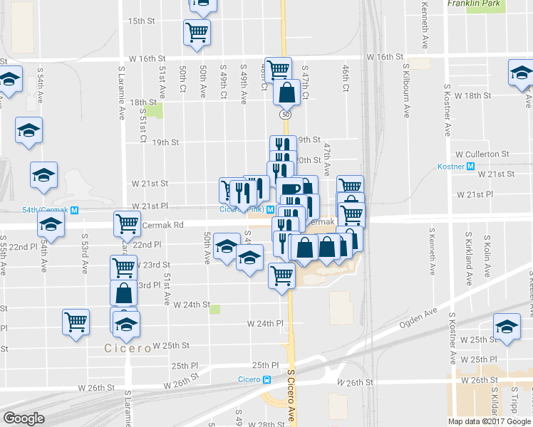 map of restaurants, bars, coffee shops, grocery stores, and more near 4822 West Cermak Road in Cicero