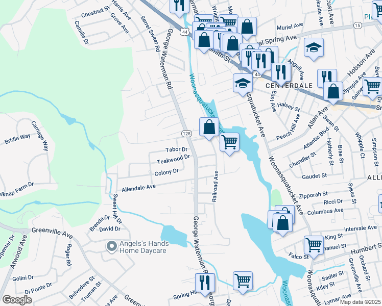 map of restaurants, bars, coffee shops, grocery stores, and more near 326 George Waterman Road in Johnston