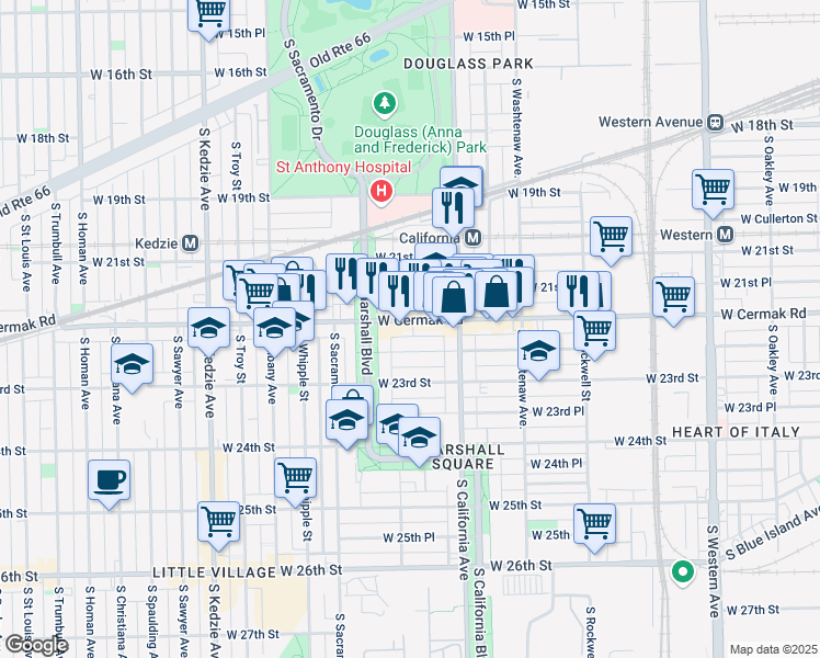 map of restaurants, bars, coffee shops, grocery stores, and more near 2851 West Cermak Road in Chicago