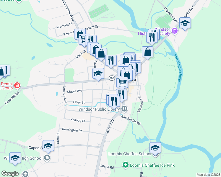 map of restaurants, bars, coffee shops, grocery stores, and more near 49 Maple Avenue in Windsor
