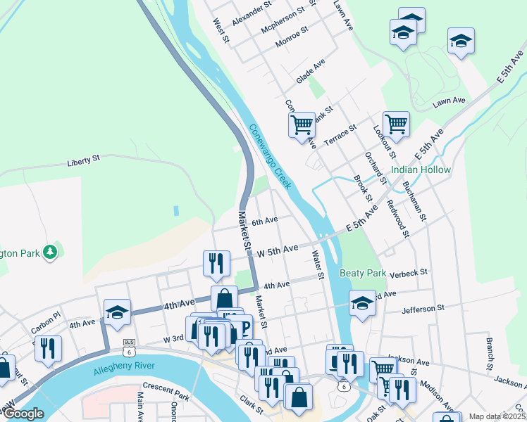 map of restaurants, bars, coffee shops, grocery stores, and more near 604 Henry St in Warren