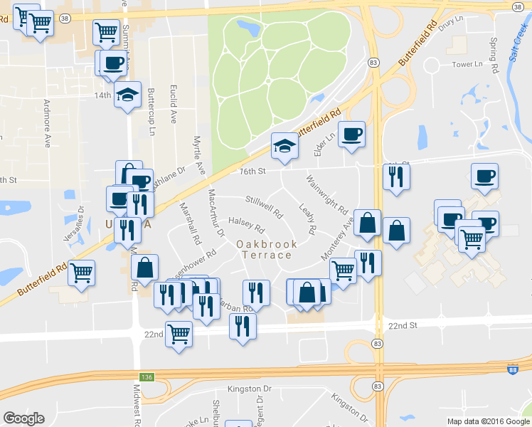 map of restaurants, bars, coffee shops, grocery stores, and more near 17W257 Stillwell Road in Oakbrook Terrace