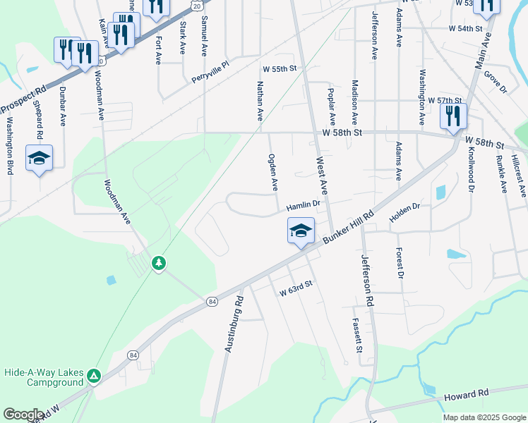 map of restaurants, bars, coffee shops, grocery stores, and more near 5957 Ogden Avenue in Ashtabula