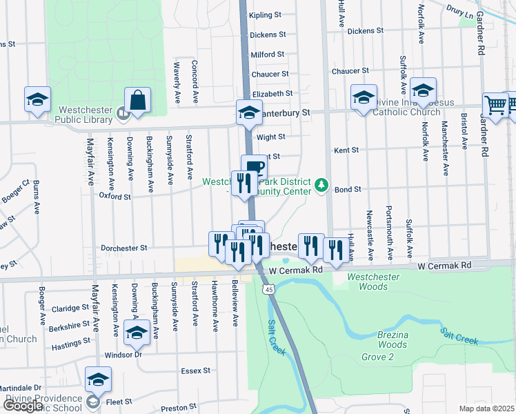 map of restaurants, bars, coffee shops, grocery stores, and more near 1912 South Mannheim Road in Westchester