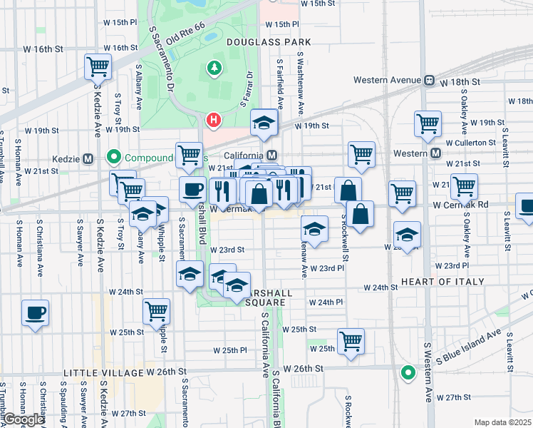 map of restaurants, bars, coffee shops, grocery stores, and more near 2745 West Cermak Road in Chicago