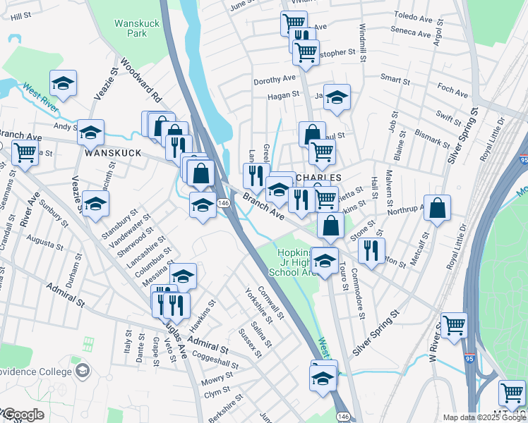 map of restaurants, bars, coffee shops, grocery stores, and more near 550 Branch Avenue in Providence
