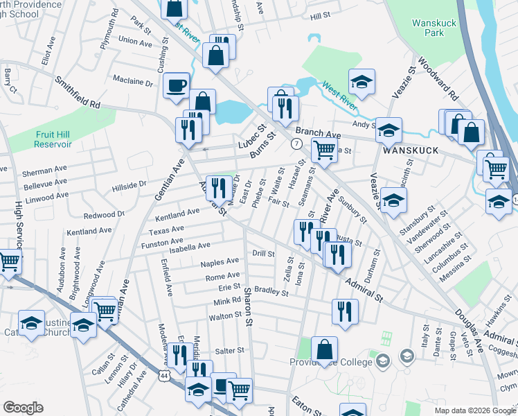 map of restaurants, bars, coffee shops, grocery stores, and more near 36 Waite Street in Providence