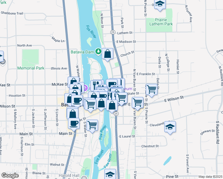 map of restaurants, bars, coffee shops, grocery stores, and more near 111 North River Street in Batavia