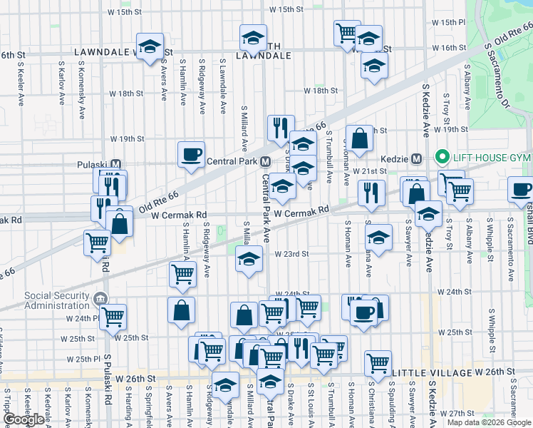 map of restaurants, bars, coffee shops, grocery stores, and more near W Cermak Rd & S Central Park Ave in Chicago