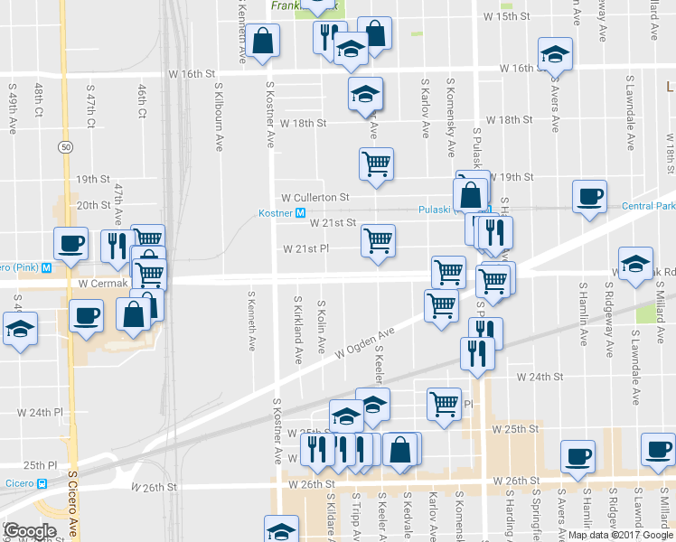 map of restaurants, bars, coffee shops, grocery stores, and more near 4246 West Cermak Road in Chicago