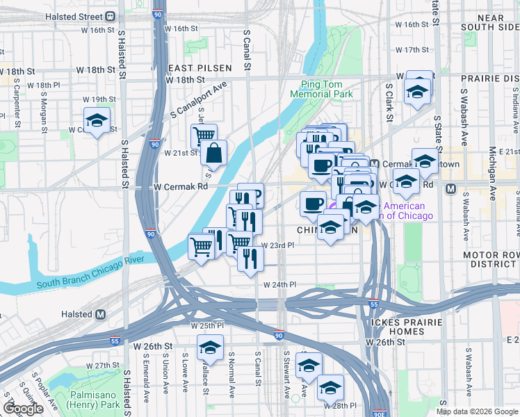 map of restaurants, bars, coffee shops, grocery stores, and more near 2253 South Archer Avenue in Chicago