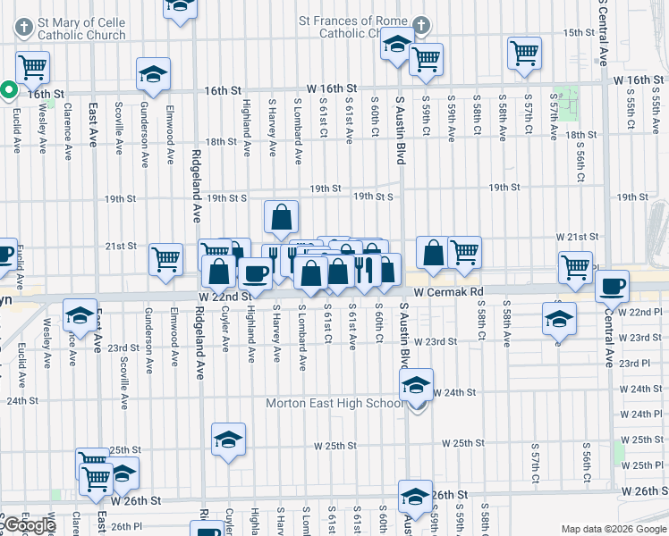 map of restaurants, bars, coffee shops, grocery stores, and more near 2135 South 61st Court in Cicero