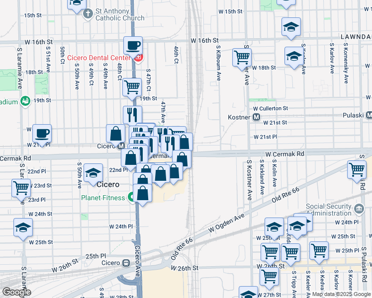 map of restaurants, bars, coffee shops, grocery stores, and more near 4600 West Cermak Road in Cicero