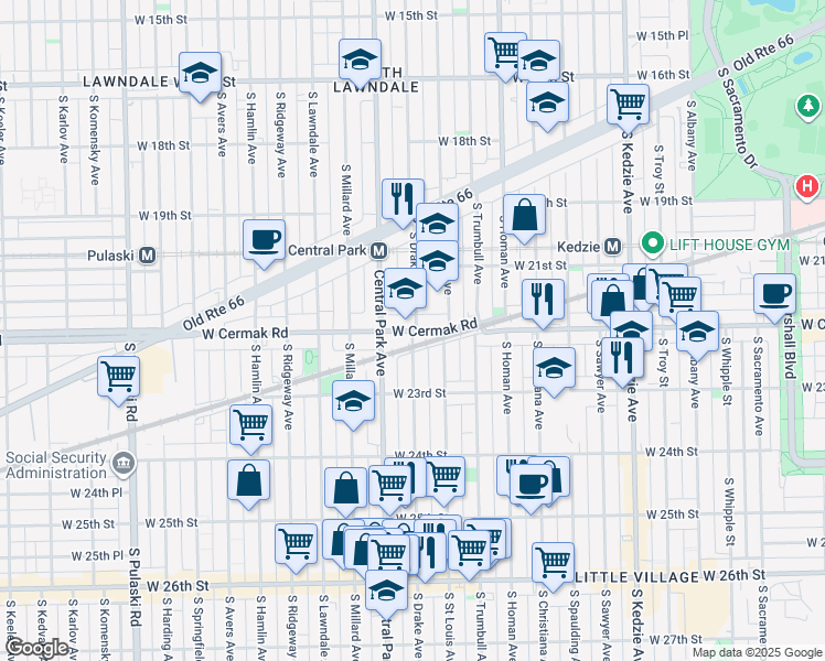 map of restaurants, bars, coffee shops, grocery stores, and more near W Cermak Rd & S Drake Ave in Chicago