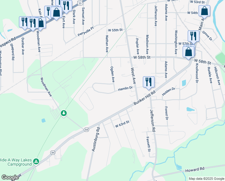 map of restaurants, bars, coffee shops, grocery stores, and more near 5957 Ogden Avenue in Ashtabula