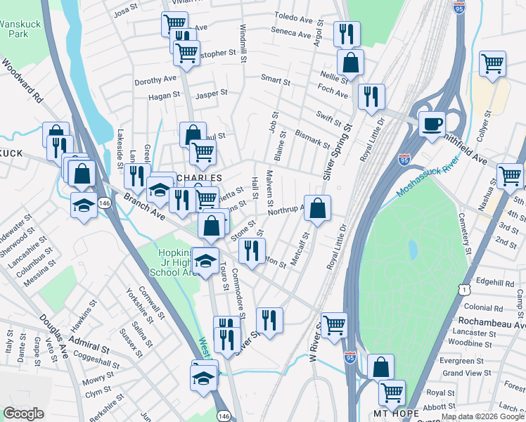 map of restaurants, bars, coffee shops, grocery stores, and more near 18 Luna Street in Providence
