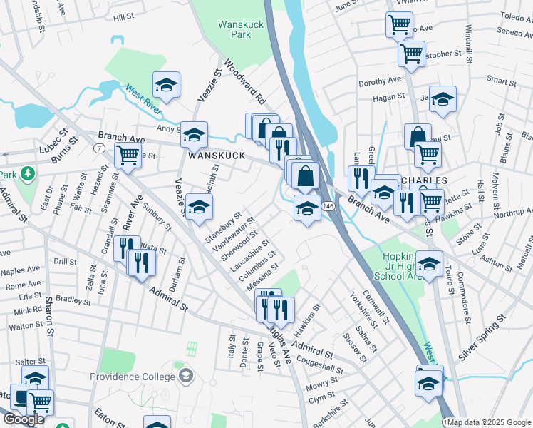 map of restaurants, bars, coffee shops, grocery stores, and more near 106 Sherwood Street in Providence