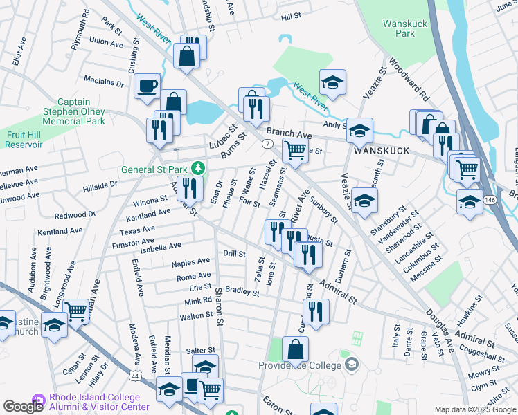 map of restaurants, bars, coffee shops, grocery stores, and more near 49 Hazael Street in Providence