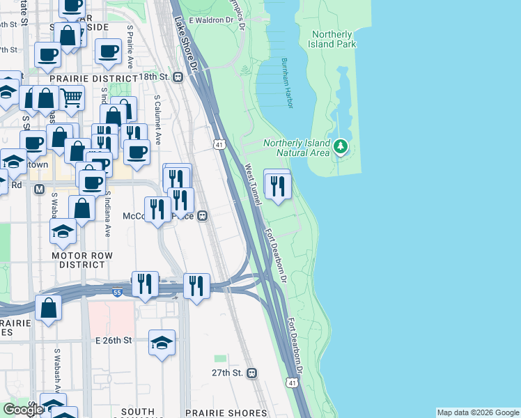 map of restaurants, bars, coffee shops, grocery stores, and more near 2125-2301 S Lake Shore Dr in Chicago