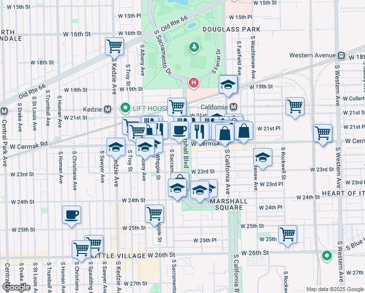 map of restaurants, bars, coffee shops, grocery stores, and more near 2210 South Marshall Boulevard in Chicago
