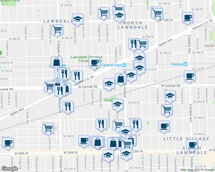 map of restaurants, bars, coffee shops, grocery stores, and more near 3643 West Cermak Road in Chicago