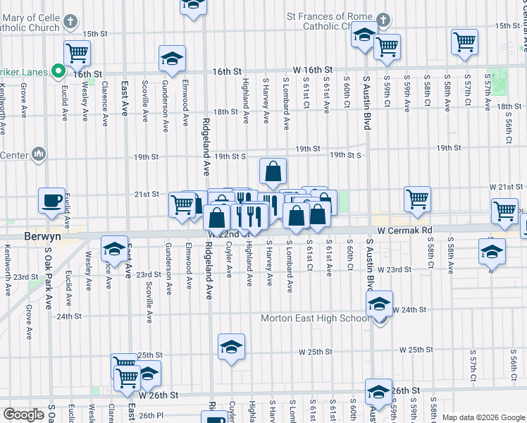 map of restaurants, bars, coffee shops, grocery stores, and more near 2130 South Harvey Avenue in Berwyn
