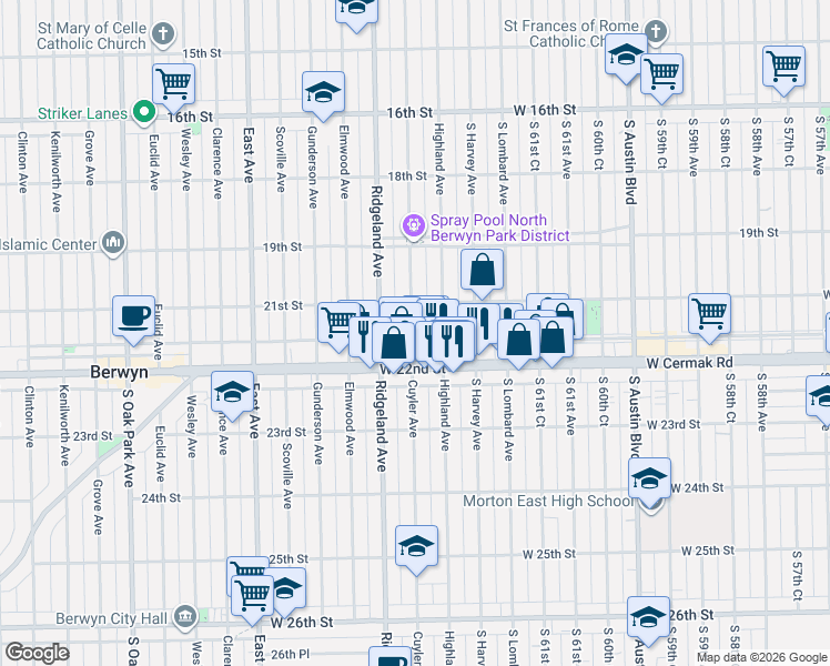 map of restaurants, bars, coffee shops, grocery stores, and more near 2130 Highland Avenue in Berwyn