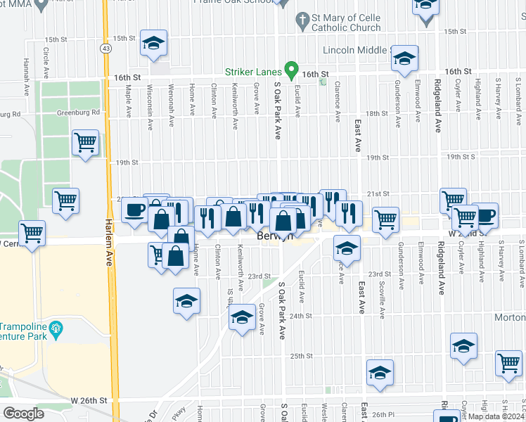 map of restaurants, bars, coffee shops, grocery stores, and more near 2124 Grove Avenue in Berwyn