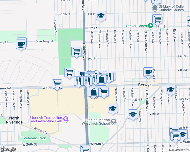 map of restaurants, bars, coffee shops, grocery stores, and more near 2120 Maple Avenue in Berwyn