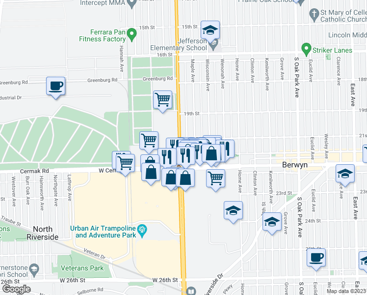 map of restaurants, bars, coffee shops, grocery stores, and more near 2100 South Harlem Avenue in North Riverside