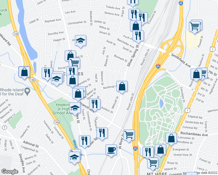 map of restaurants, bars, coffee shops, grocery stores, and more near 1 Vaughan Street in Providence