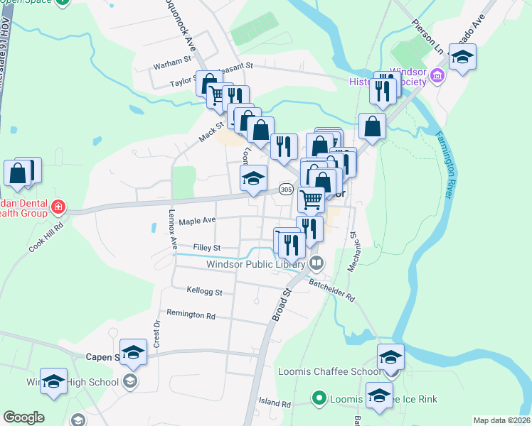 map of restaurants, bars, coffee shops, grocery stores, and more near 49 Maple Avenue in Windsor
