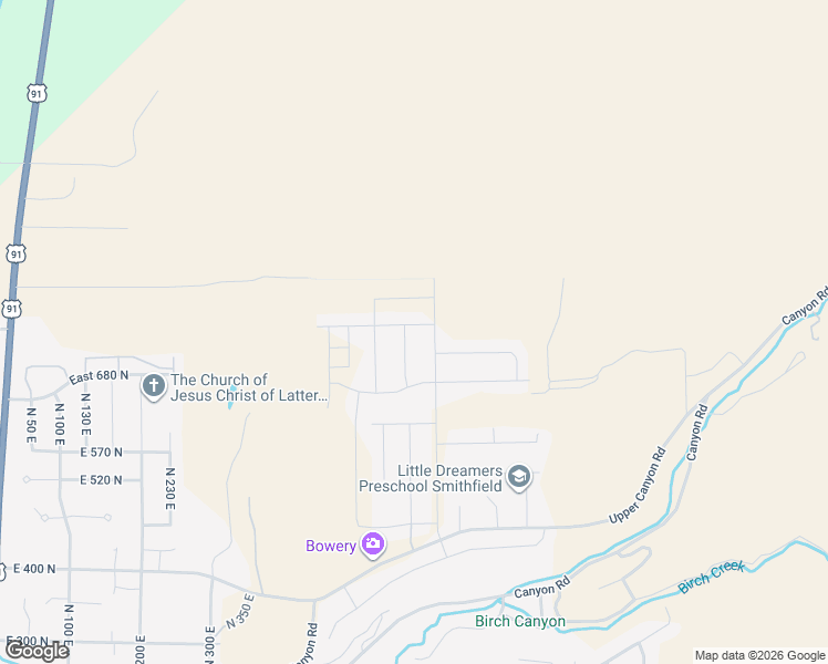 map of restaurants, bars, coffee shops, grocery stores, and more near 712 East 750 North in Smithfield