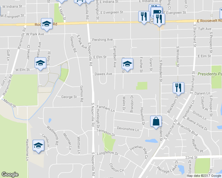 map of restaurants, bars, coffee shops, grocery stores, and more near 1344 Campbell Avenue in Wheaton