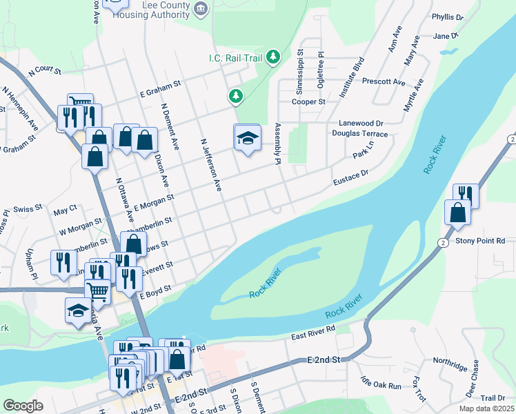 map of restaurants, bars, coffee shops, grocery stores, and more near 711 East Fellows Street in Dixon