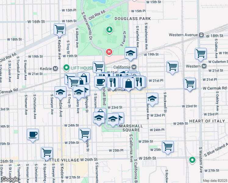 map of restaurants, bars, coffee shops, grocery stores, and more near 2851 West Cermak Road in Chicago